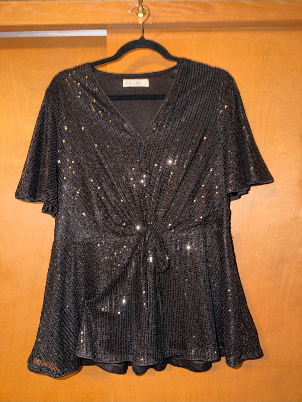 Grace Karin Black Sequin V-Neck Tie-Front Tunic
